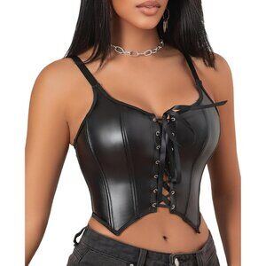 Women Black Lace Up Bustier Corset Adjustable Drawstring Sleeveless Shapewear